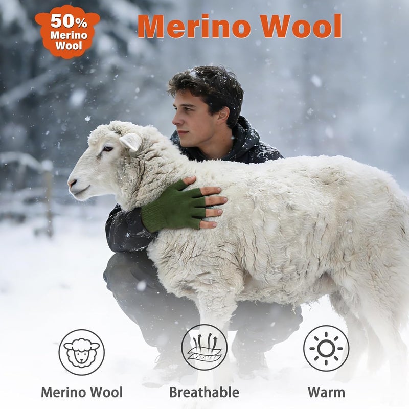 Fullsheild Merino Wool Fingerless Gloves Half Finger Wool Gloves for Men Women Winter Unisex Knit Fingerless Mittens - Image 4